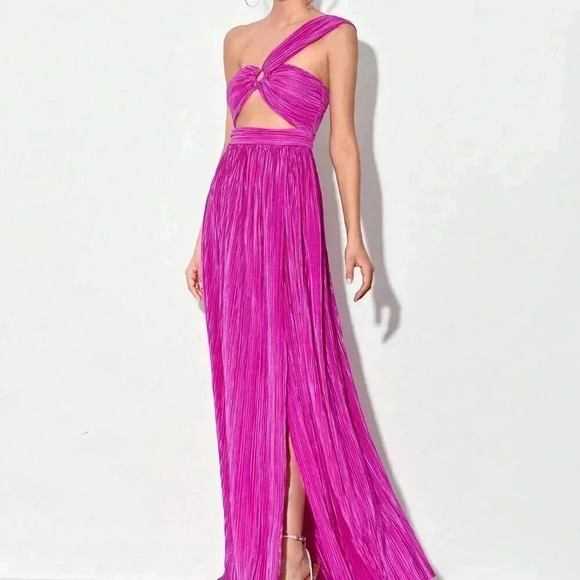 Red Violet Sexy Women's One Shoulder Ring Ruched Front Cut Out Split Thigh Dress - Picture 6 of 6